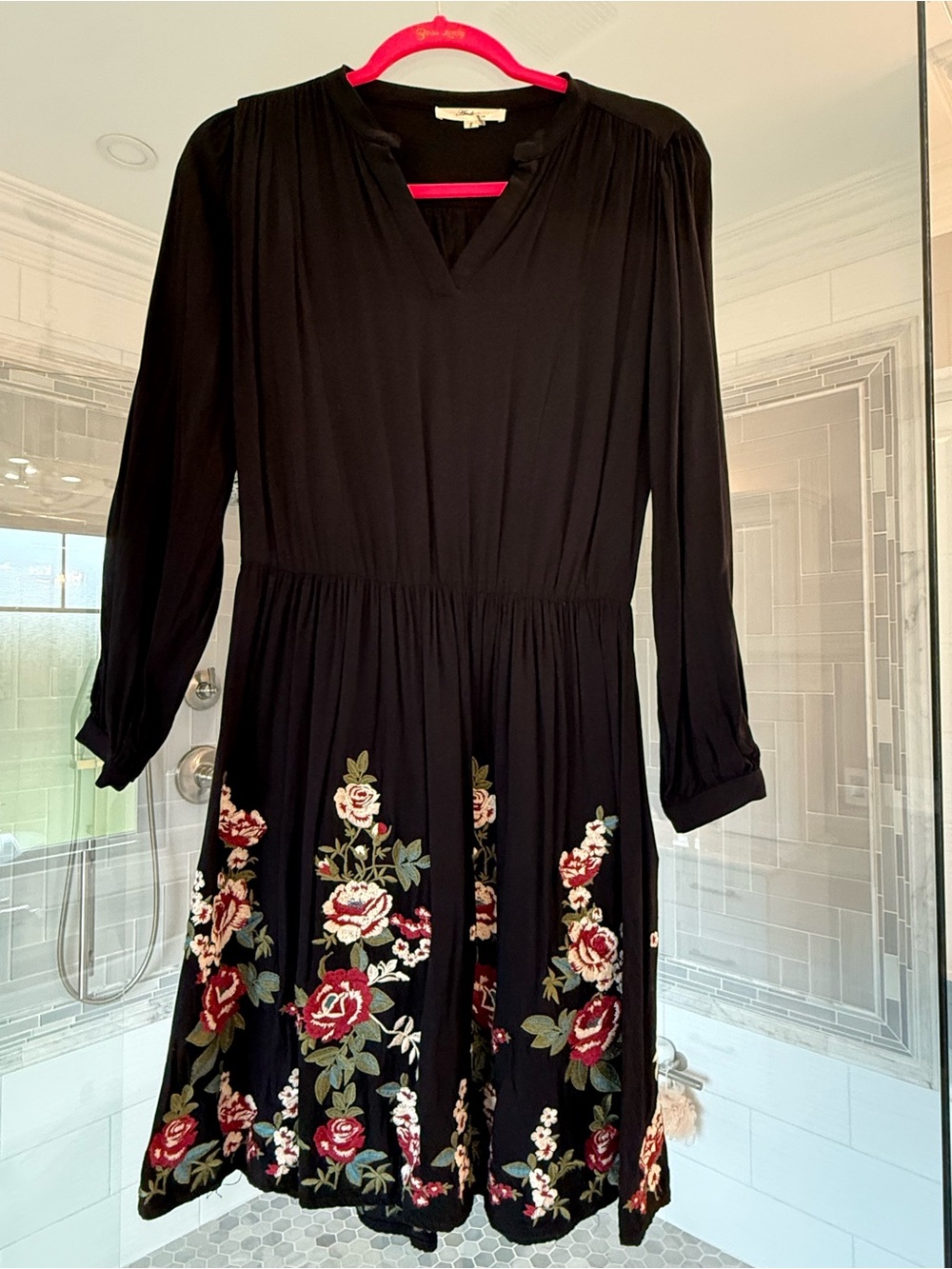 AND Black Long-Sleeve Floral Embroidered V-Neck Dress